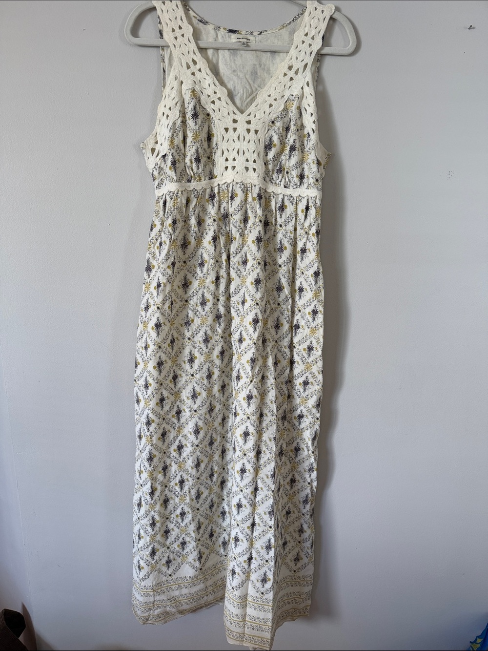 Max Studio Cream Yellow Crochet-Trim Maxi Dress Cottagecore Coastal Boho sz L - Picture 3 of 7